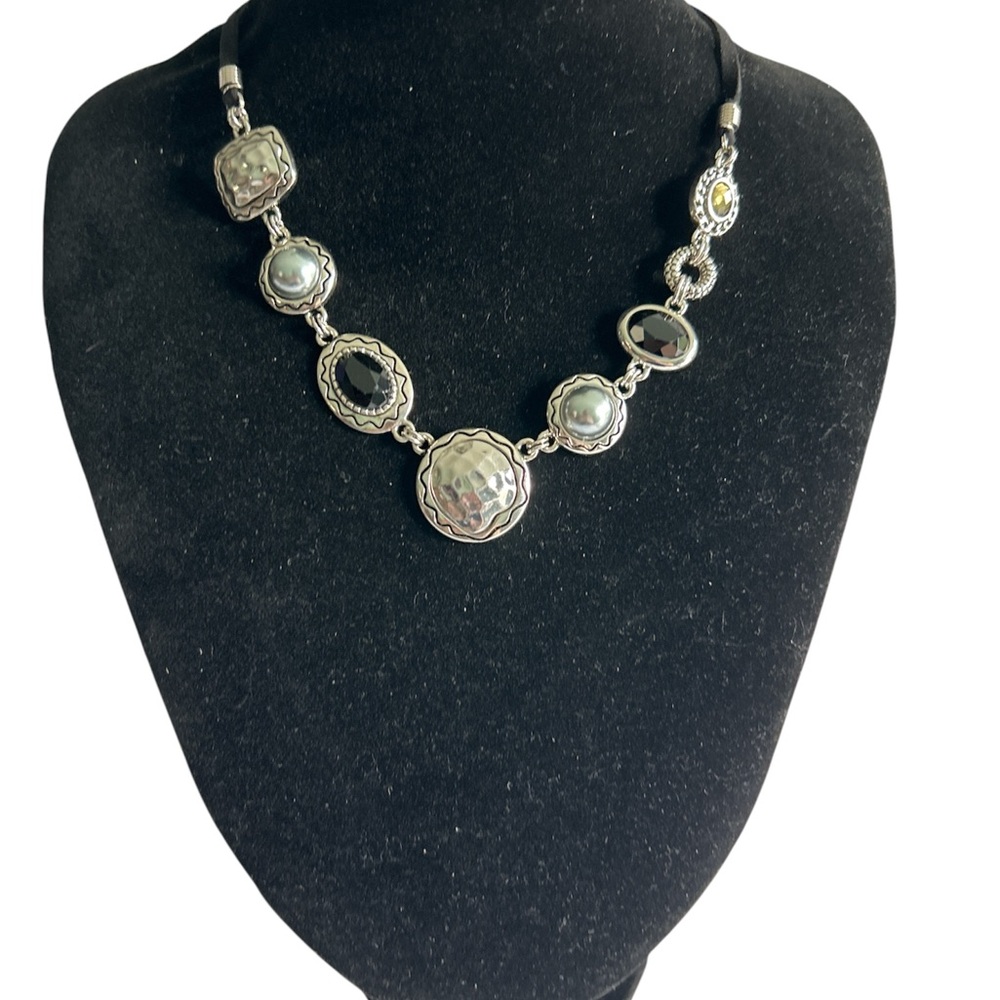 Lia Sophia Steel Drum Silver Tone Black Suede Necklace